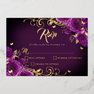 Invitation En Aluminium Rose pourpre Floral Gold Swirl Gold Quinceanera