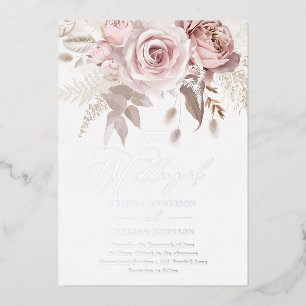 Invitation En Aluminium Rose Poussiéreux & Floral Mariage Argent