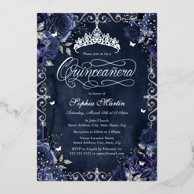 Invitation En Aluminium Rose Quinceanera de la Marine royale (Recto)