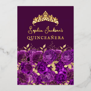 Invitation En Aluminium Rose Quinceanera Fleurie Or Pourpre