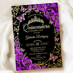 Invitation En Aluminium Rose Quinceanera Or Noir Et Or Violet