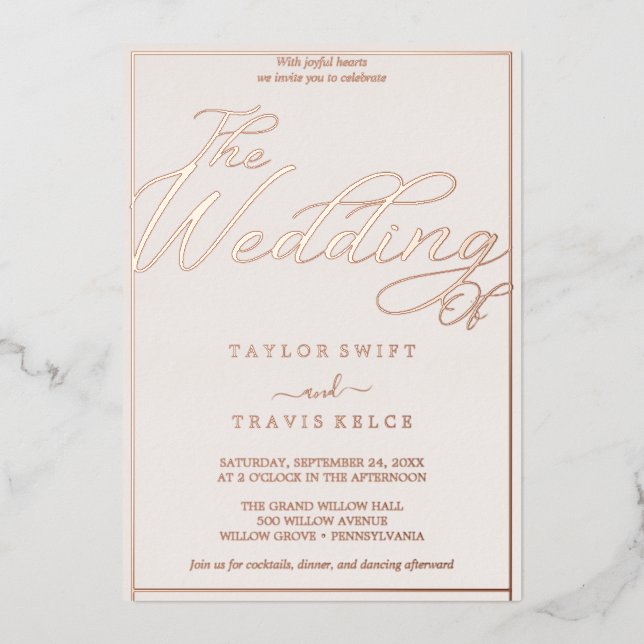 Invitation En Aluminium Rose romantique Gold Foil & Blush Frame Mariage (Recto)