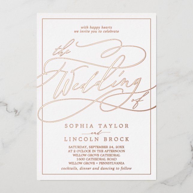 Invitation En Aluminium Rose romantique Gold Foil Calligraphy Cadre Mariag (Recto)