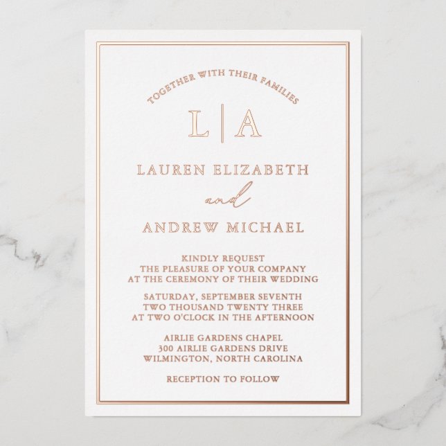 Invitation En Aluminium Rose romantique Gold Foil Monogramme Mariage front (Recto)