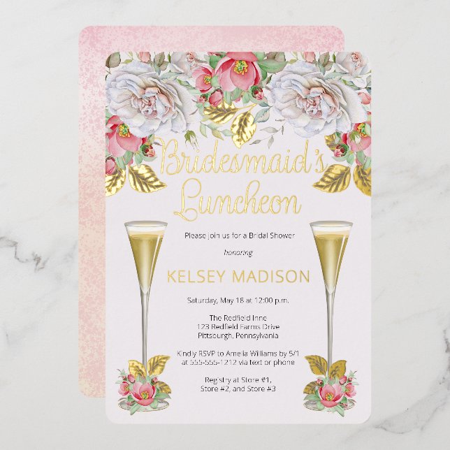 Invitation En Aluminium Rose Rose Floral Blooms Bridesservantes Déjeuner (Recto/Verso)