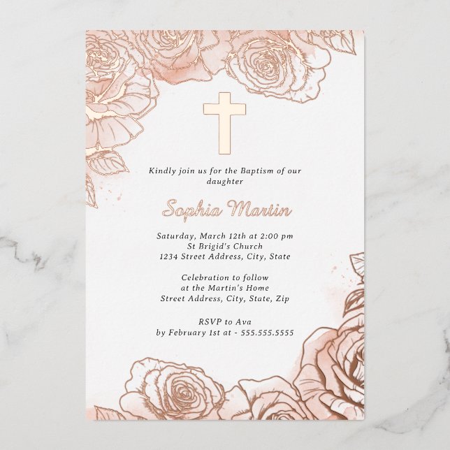 Invitation En Aluminium Rose rose Floral Gold Girl Baptême (Recto)