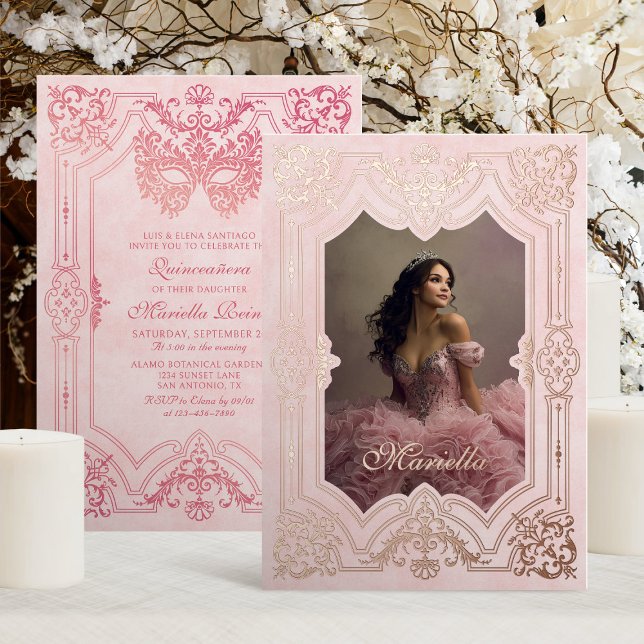 Invitation En Aluminium Rose Rose Gold Masquerade Photo Quinceanera (Créateur téléchargé)