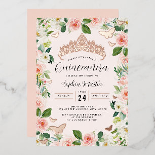 Invitation En Aluminium Rose Rose Or Floral Tiara Butterfly Quinceanera