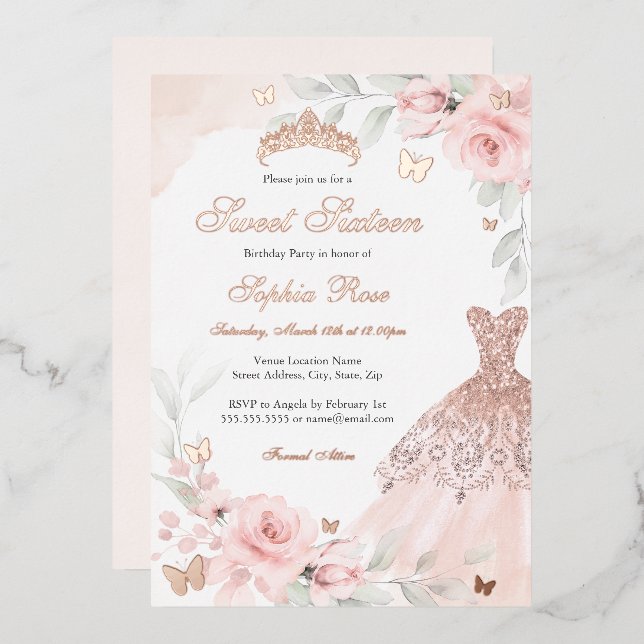 Invitation En Aluminium Rose rose papillon robe Sweet sixteen (Recto/Verso)