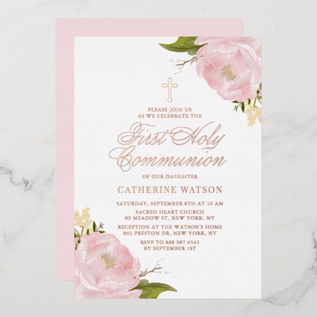 Invitation En Aluminium Rose rose rousse Première Sainte Communion Rose Or (Recto/Verso)
