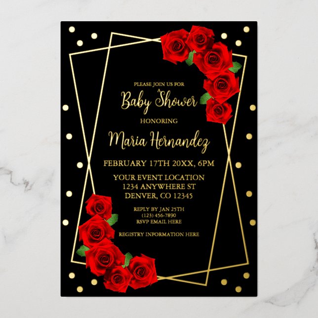 Invitation En Aluminium Rose rouge Baby shower noir et or (Recto)
