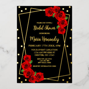 Invitation En Aluminium Rose rouge Fête des mariées noire et or