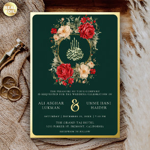 Invitation En Aluminium Rose Rouge Fleurs d'Ivoire Émeraude Mariage Musulm