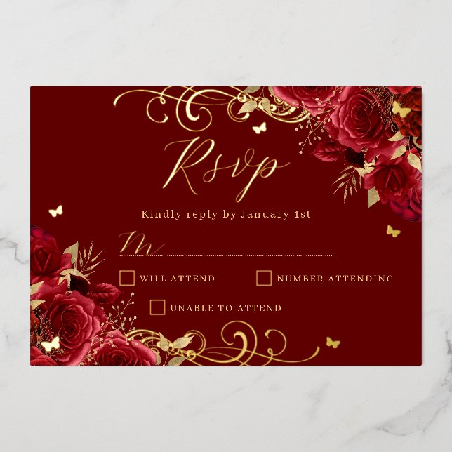 Invitation En Aluminium Rose rouge florale or tourbillon Quinceanera (Recto)