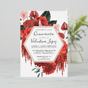 Invitation En Aluminium Rose rouge florale Quinceanera Glam Or