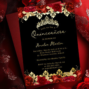 Invitation En Aluminium Rose Rouge or Damas Floral Quinceanera