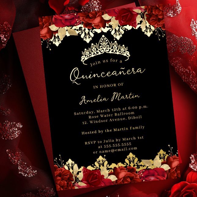 Invitation En Aluminium Rose Rouge or Damas Floral Quinceanera (Créateur téléchargé)