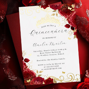 Invitation En Aluminium Rose Rouge Or Floral Swirl Quinceanera  