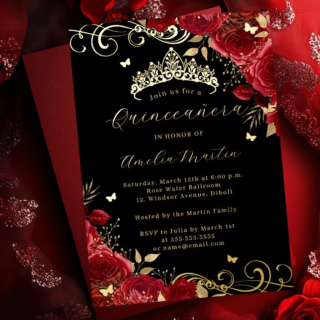 Invitation En Aluminium Rose rouge or noir floral torse Quinceanera (Créateur téléchargé)