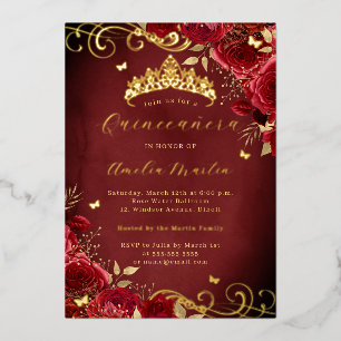 Invitation En Aluminium Rose Rouge Royale Florale Tourbillon Doré Quincean