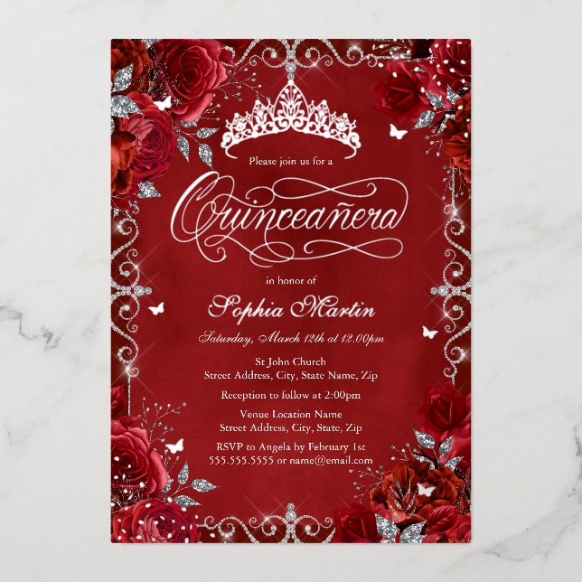 Invitation En Aluminium Rose Royal Red Silver Butterfly Quinceanera (Recto)