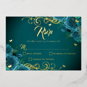Invitation En Aluminium Rose sarcelle Fleurie Tourbillon doré Quinceanera
