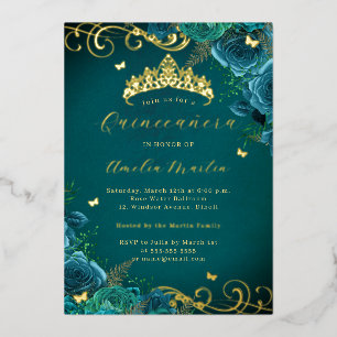 Invitation En Aluminium Rose turquoise Floral Gold Swirl Quinceanera