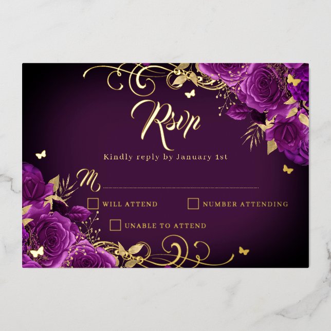Invitation En Aluminium Rose violet Floral Gold Swirl Quinceanera (Recto)