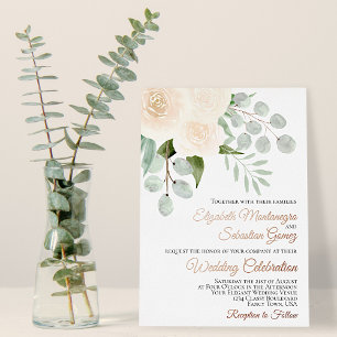 Invitation En Aluminium Roses aquarelles élégantes mariage ivoire pêche