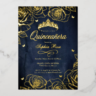 Invitation En Aluminium Roses de la Couronne d'or de la Marine Quinceanera