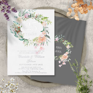 Invitation En Aluminium Roses Fleurales Argent 25e Anniversaire de Mariage
