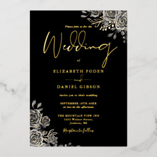 Invitation En Aluminium Roses Florales Gothiques Mariage Noir Et Or