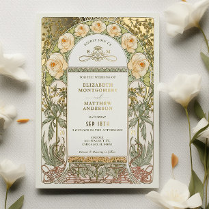Invitation En Aluminium Roses Jaunes Vintage Art Nouveau Mariage