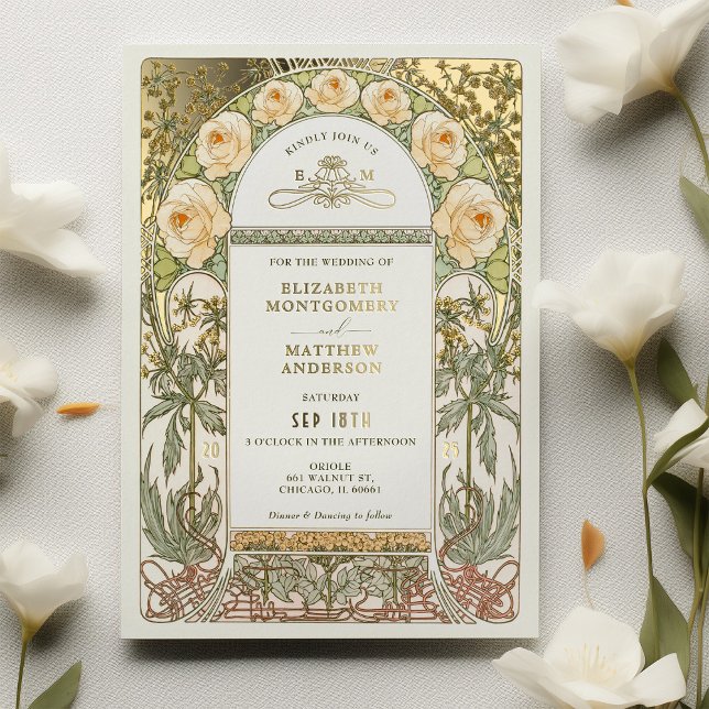 Invitation En Aluminium Roses Jaunes Vintage Mariage Art Nouveau (Créateur téléchargé)