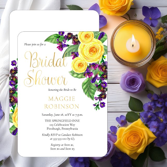 Invitation En Aluminium Roses jaunes | Violets Boho Fête des mariées flora (Elegant Yellow Roses and Purple Violets Floral Gold Foil Bridal Shower Invitation)