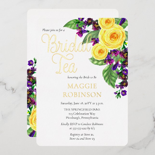 Invitation En Aluminium Roses jaunes | Violets Boho Floral Tea Foil (Recto/Verso)