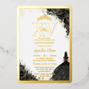 Invitation En Aluminium Roses Noires Floral Quinceañera Quince 15 XV Or