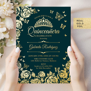 Invitation En Aluminium Roses Papillons Vert Émeraude Or Quinceanera