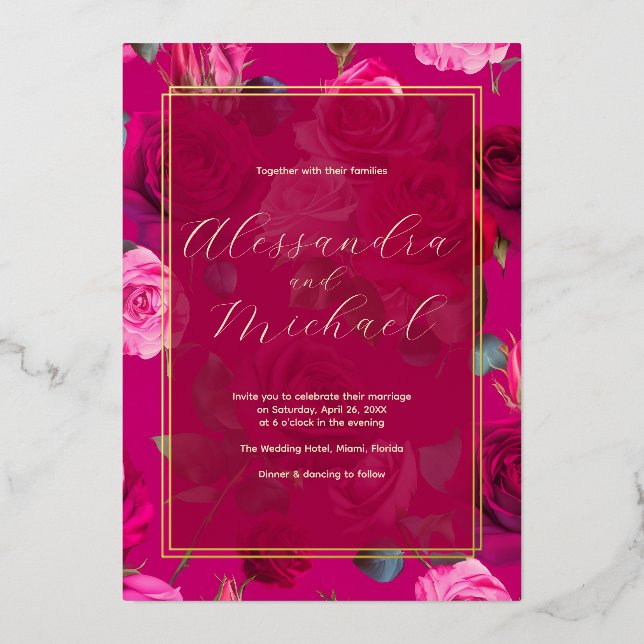 Invitation En Aluminium Roses roses roses sur Viva Magenta | MARIAGE (Recto)