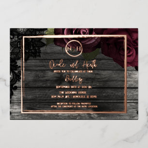Invitation En Aluminium Roses Rouge Foncé Bois & Dentelle Mariage Rustique