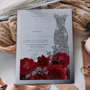 Invitation En Aluminium Roses Rouges & Bordure de Feuille d'Argent Baby Sh