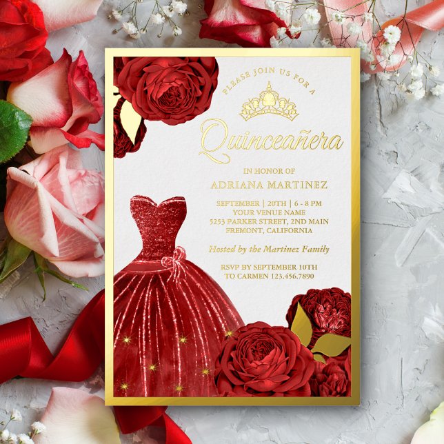 Invitation En Aluminium Roses rouges étincelantes Quinceanera Gold (Créateur téléchargé)