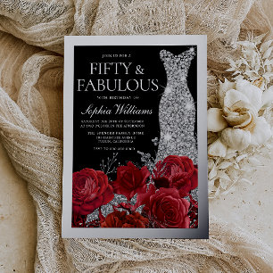 Invitation En Aluminium Roses Rouges & Feuille d'Argent Noir 50e Anniversa