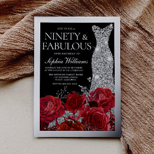 Invitation En Aluminium Roses Rouges & Feuille d'Argent Noir 90e Anniversa