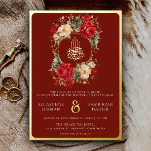 Invitation En Aluminium Roses Rouges Fleurs d'Ivoire Mariage Musulman Marr
