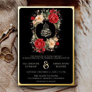 Invitation En Aluminium Roses rouges Fleurs d'ivoire Mariage musulman noir