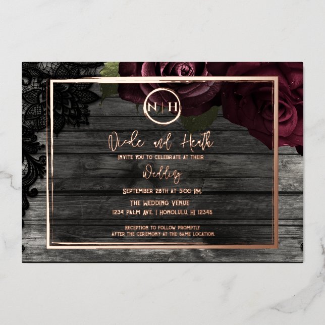 Invitation En Aluminium Roses rouges foncées Bois et dentelle Mariage rust (Recto)