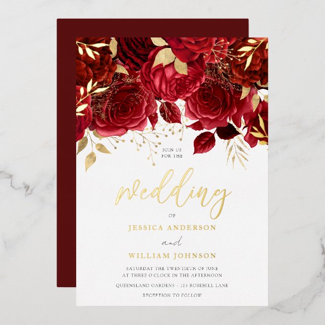 Invitation En Aluminium Roses rouges romantiques et Mariage feuille or (Recto/Verso)