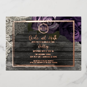 Invitation En Aluminium Roses Violettes Bois Gris & Dentelle Mariage Rusti