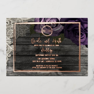 Invitation En Aluminium Roses Violettes Bois Gris & Dentelle Mariage Rusti